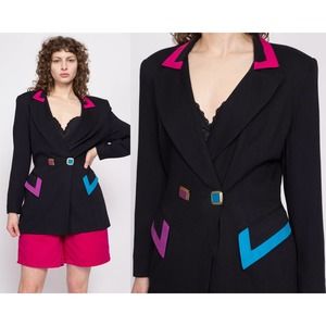 80s Black Color Block Blazer - Medium | Vintage New Wave Suit Jacket